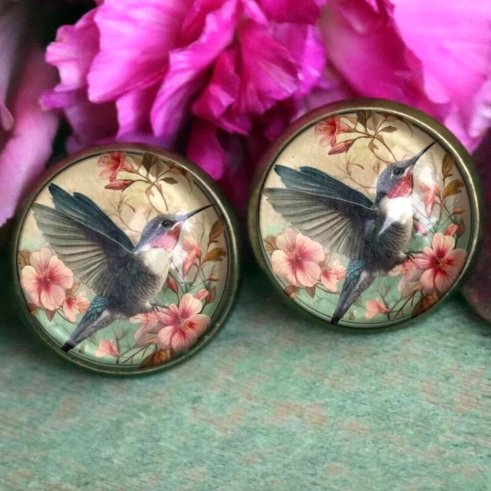 Hummingbird Stud Earrings‎ - Antique Bronze Vintage Art Nouveau Bird Jewelry